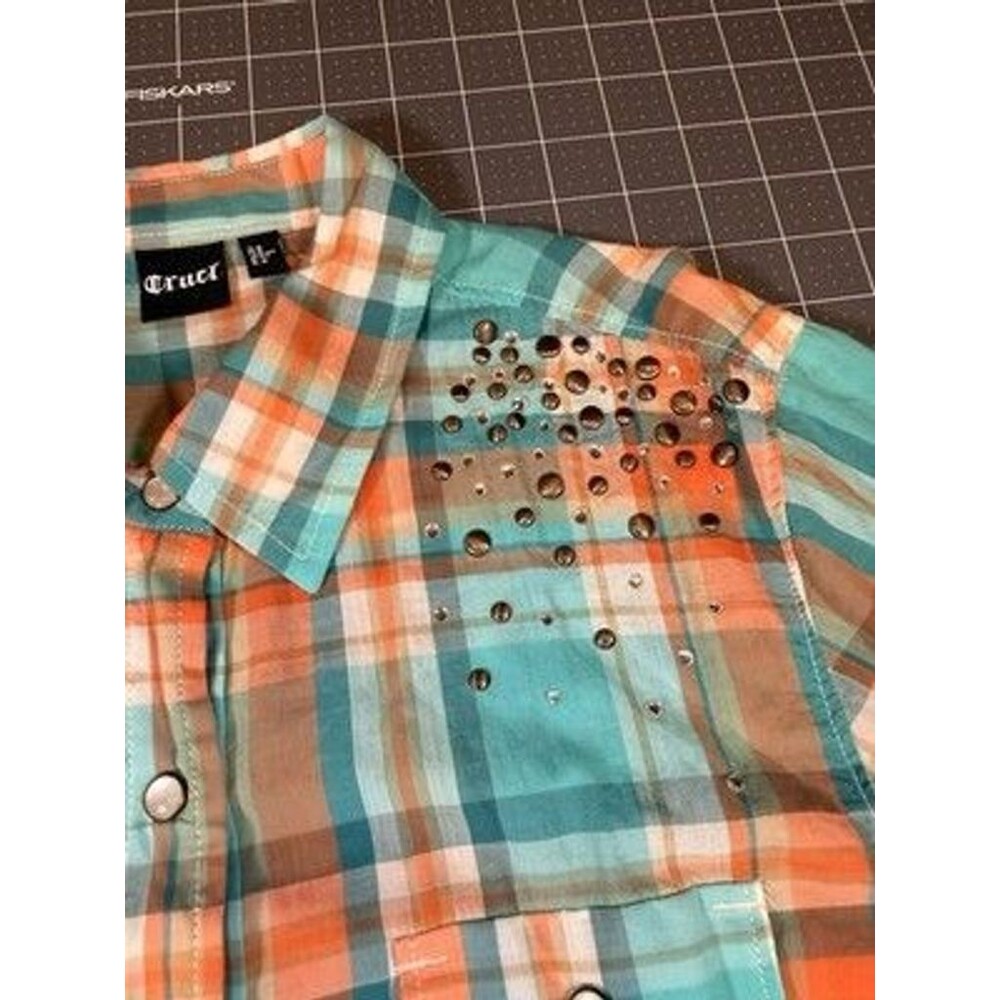 Cruel Women's Large Plaid Western Shirt Rhinestone Studded Turquoise Coral - Picture 6 of 12